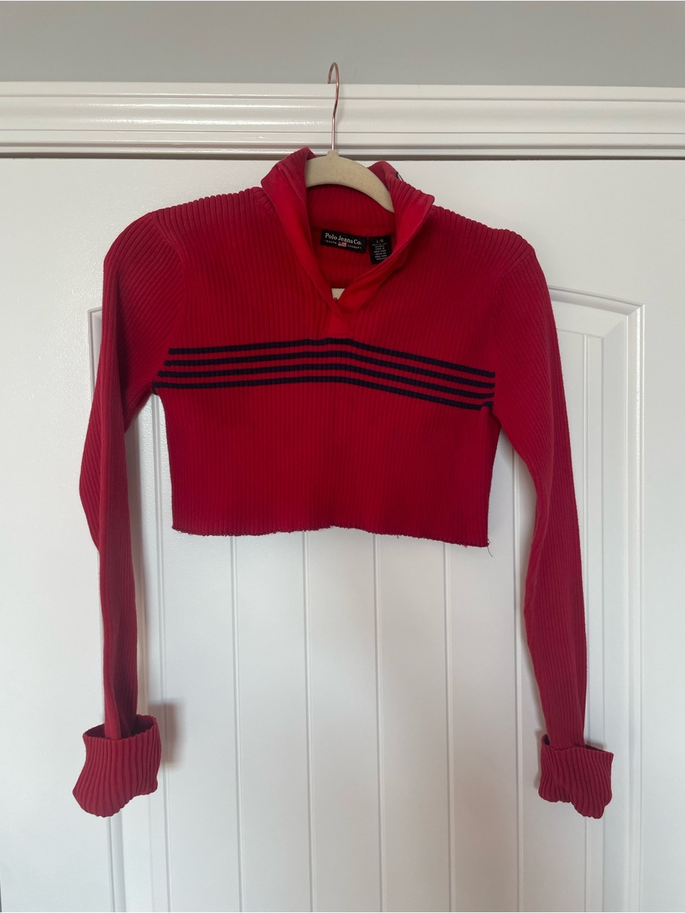 Polo by Ralph Lauren Red Cropped Ribbed Shawl-Collar Top with Navy Stripes